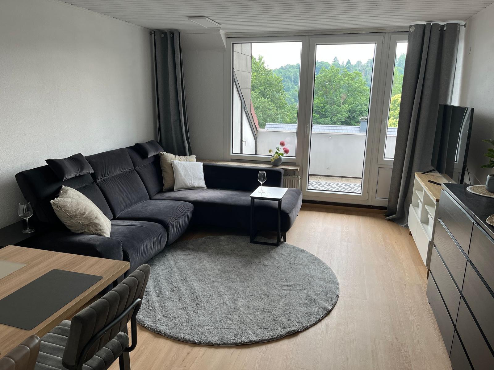Wohnzimmer mit Sofa, Rundteppich und Balkonblick