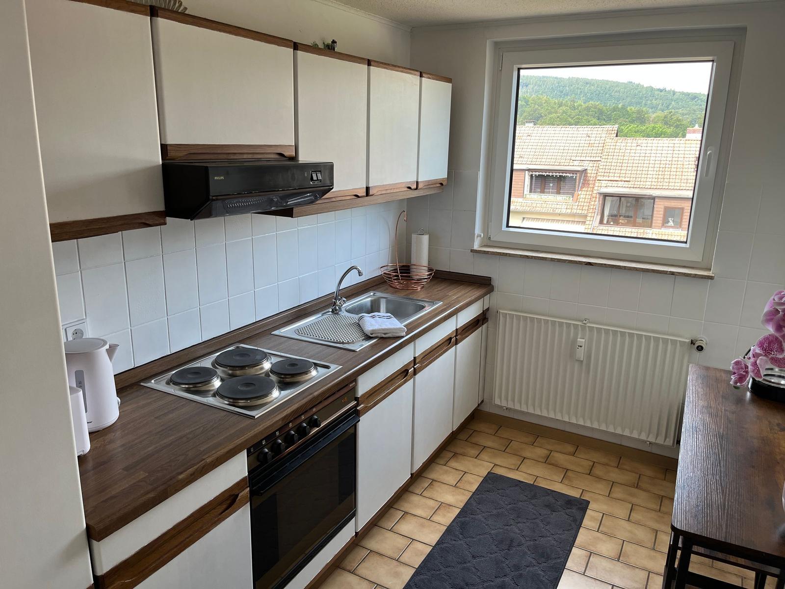 Küche mit Kochfeld, Spüle und Fensterblick auf Dächer und Hügel
