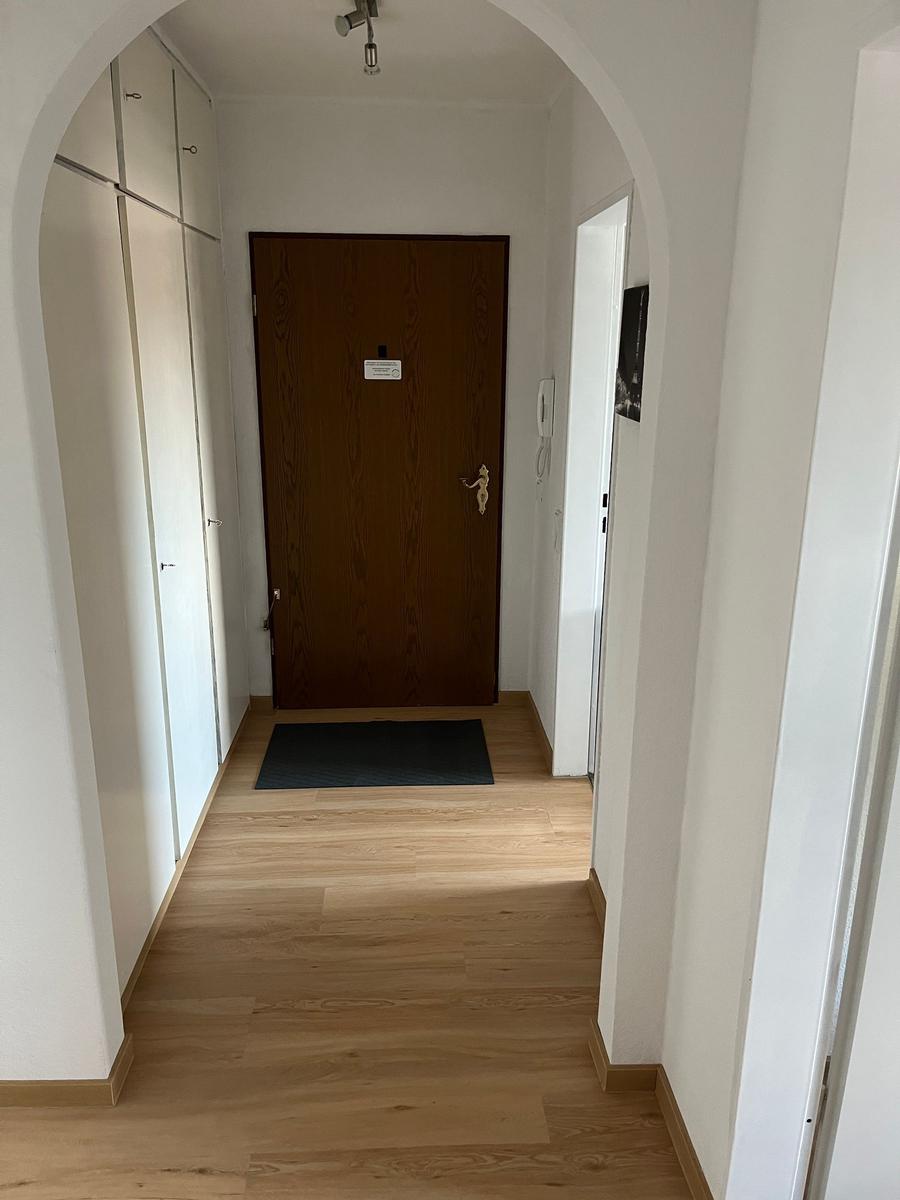 Hausflur mit Holzboden, weißer Wand und dunkler Tür