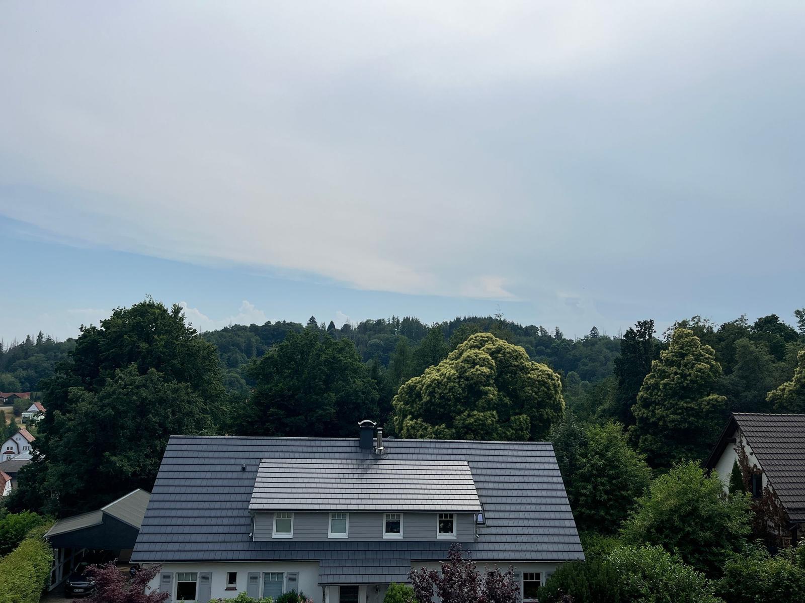 Haus mit grauem Dach und Fenstern, umgeben von Bäumen und Wald.