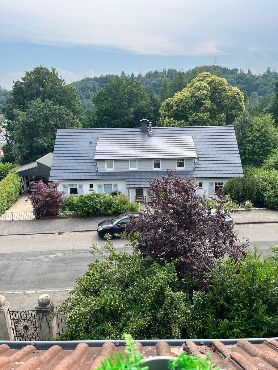 Haus mit grauem Dach und Garten, umgeben von Bäumen und einem Straßenbereich.