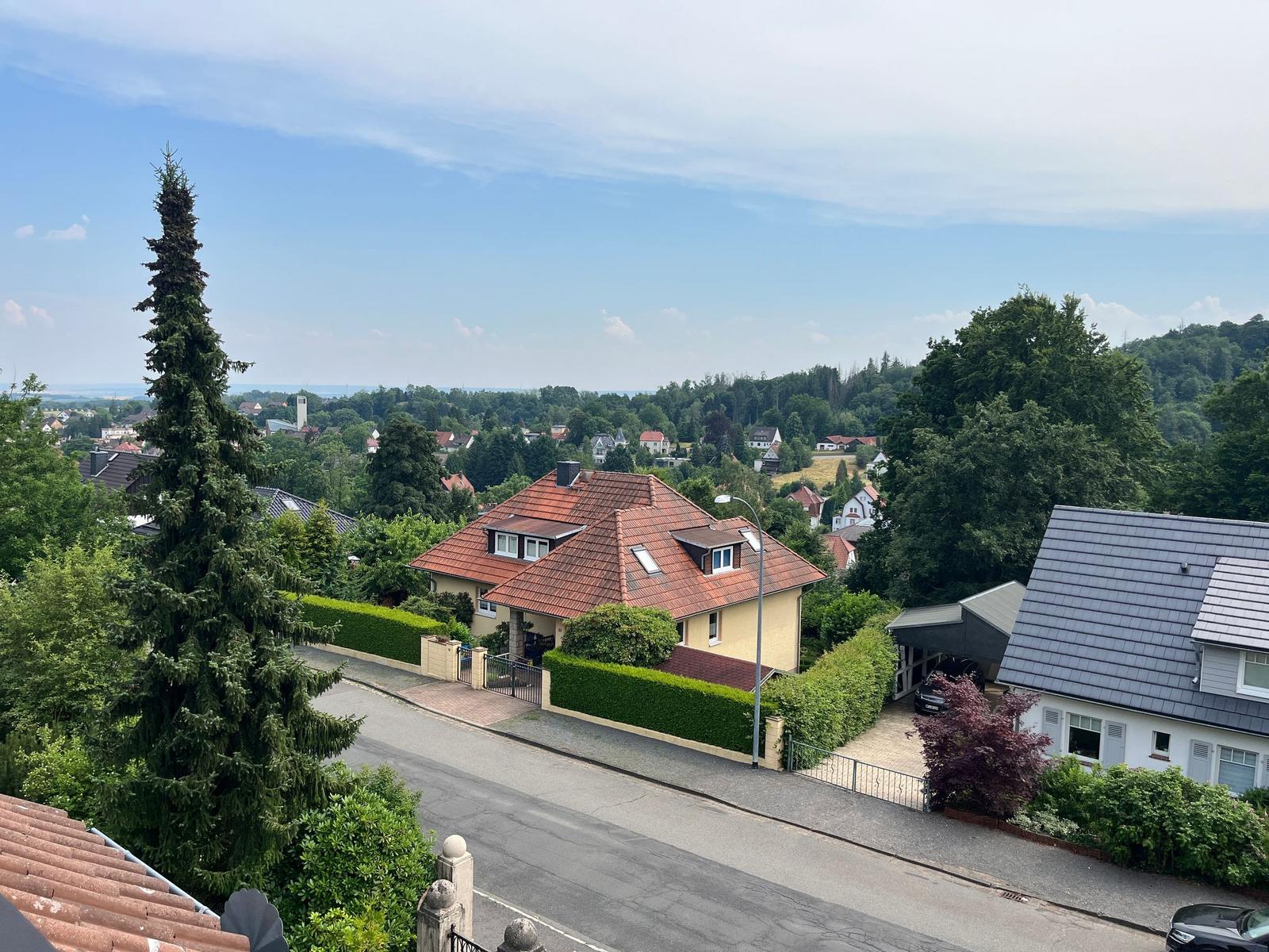 Haus mit rotem Dach und grüner Hecke. Blick auf die Straße und umliegende Häuser.