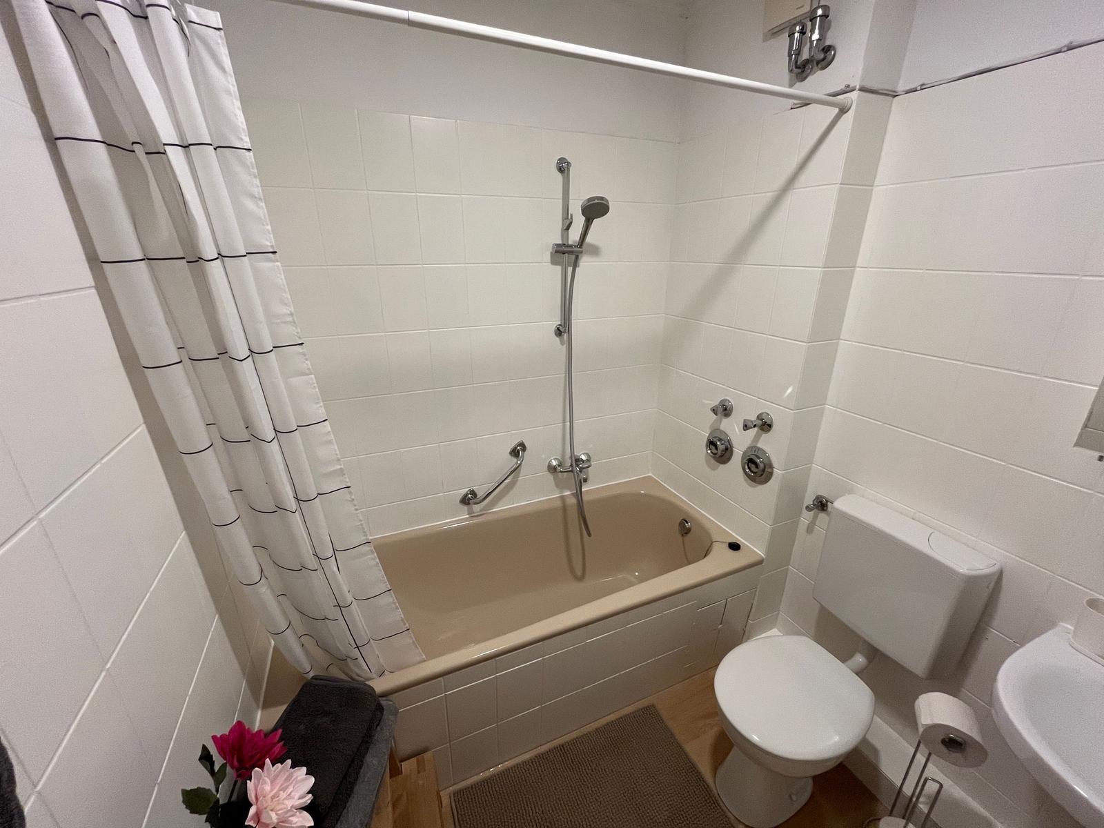Badezimmer mit Badewanne, Dusche, WC und Waschbecken.