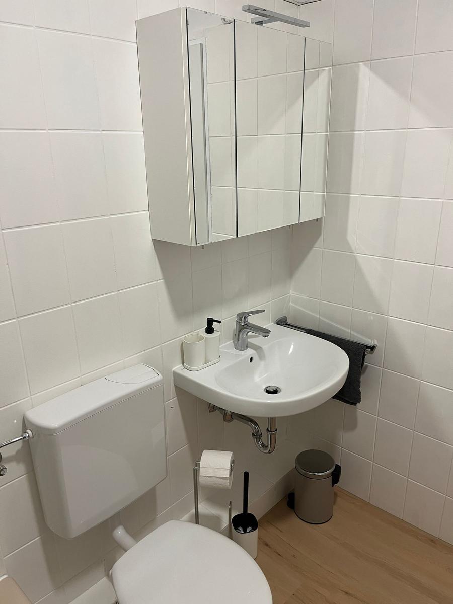 Badezimmer mit Toilette, Waschbecken und Spiegelschrank an der Wand.