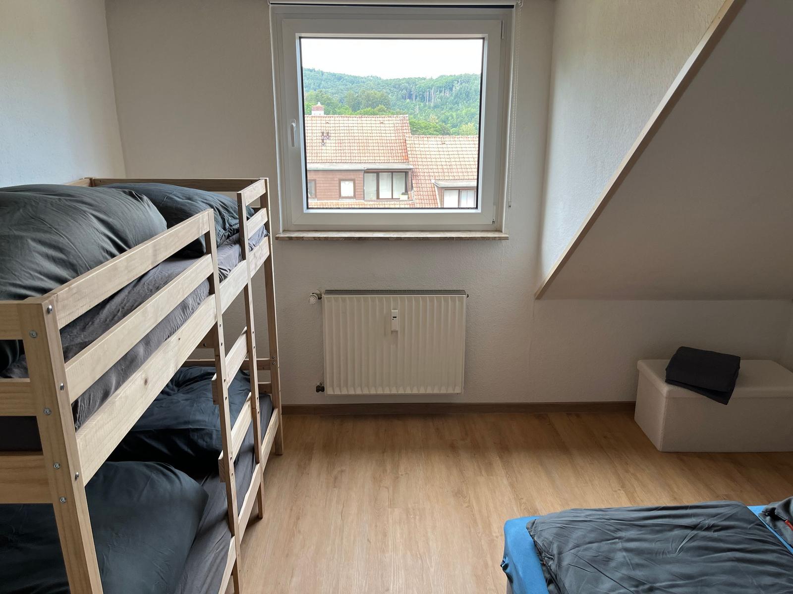 Zimmer mit Doppelstockbett, Fensterblick auf Dach und Wald, Holzboden und Heizkörper.