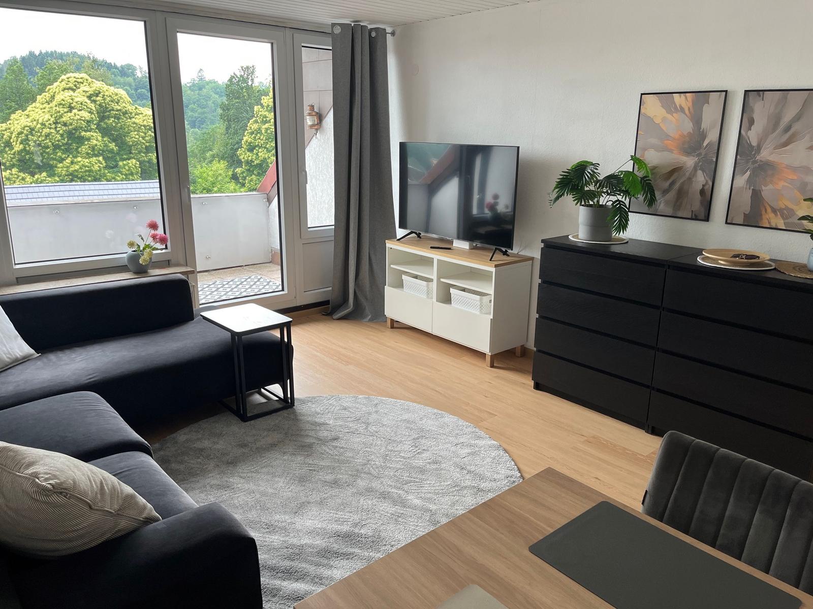 Wohnzimmer mit Sofa, TV und Balkonblick. Holzboden und moderne Möbel.
