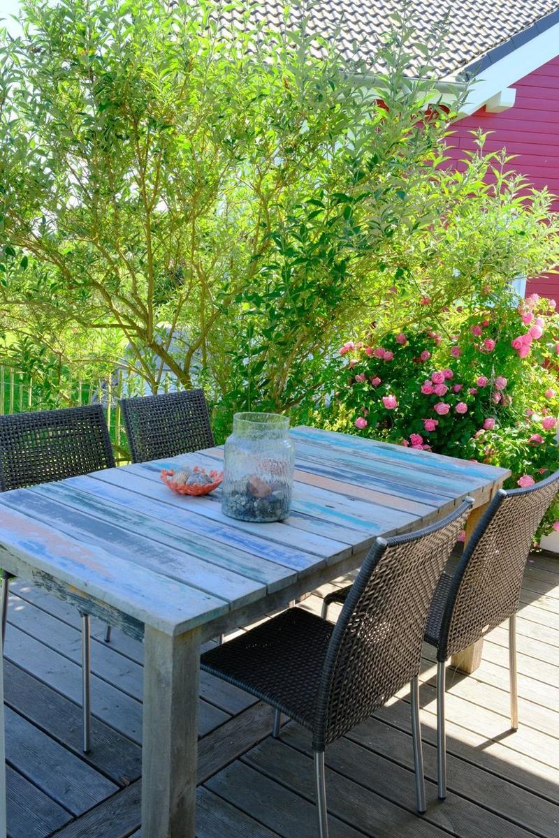 Terrasse mit Tisch und Stühlen, umgeben von grünen Sträuchern und rosa Rosen.
