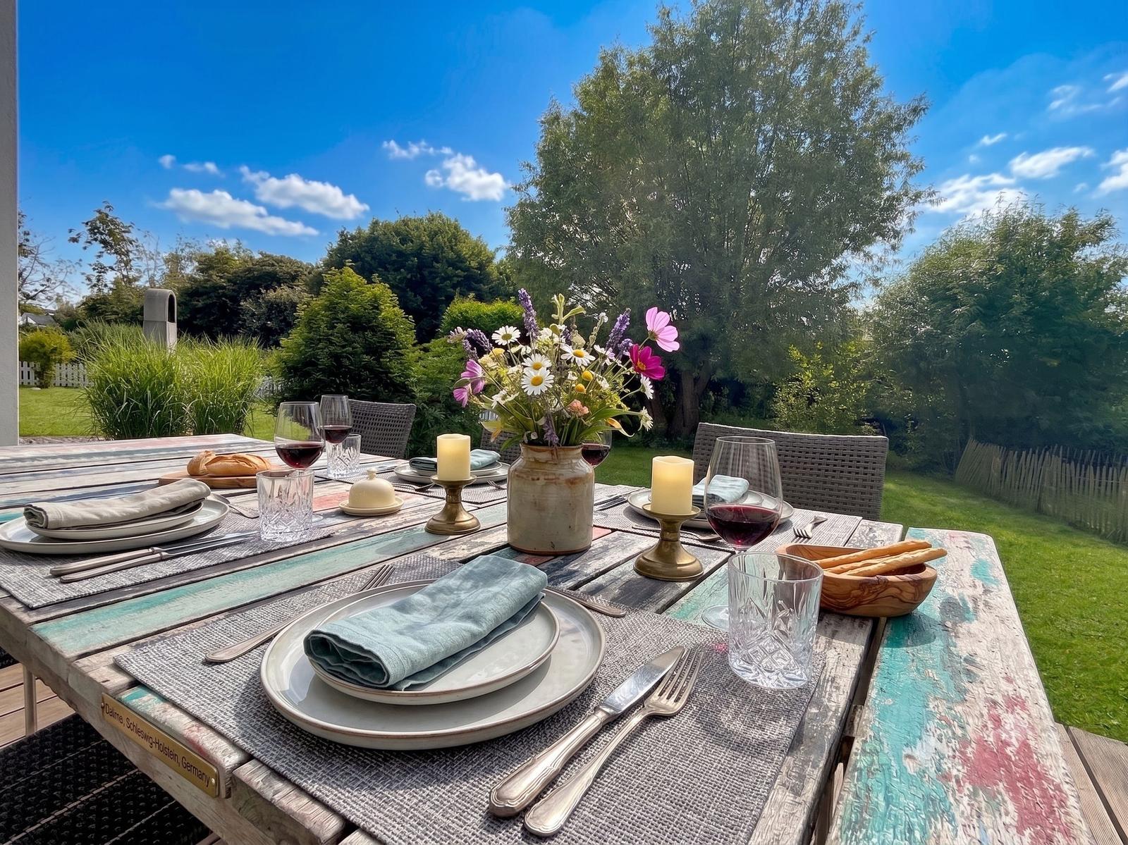 Garten-Tisch mit Platzierung, Blumen, Wein und Brot auf einer Holzterrasse.