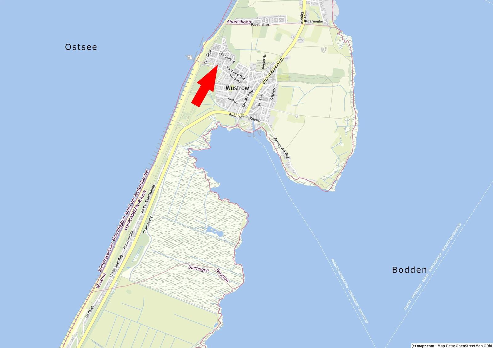 Karte von Wustrow an der Ostsee mit Straßen und Uferlinie.
