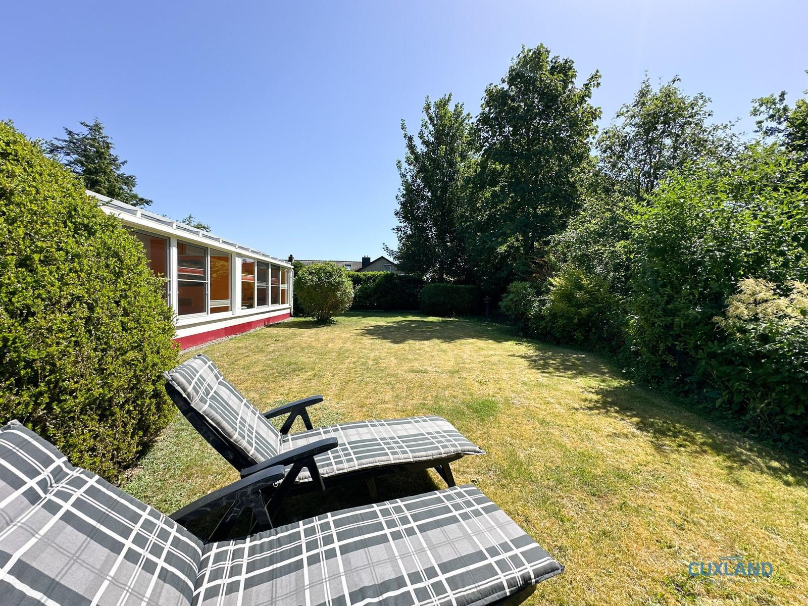 Garten mit Liegestühlen, grüner Rasen und Bäumen. Im Hintergrund Haus mit Fenstern.