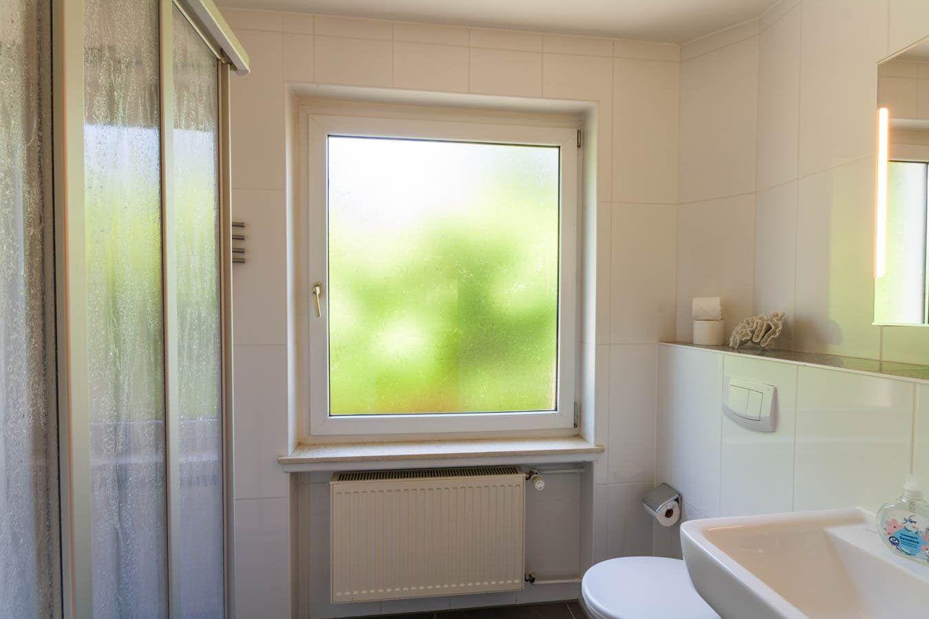 Badezimmer mit Dusche, Fenster und Waschbecken