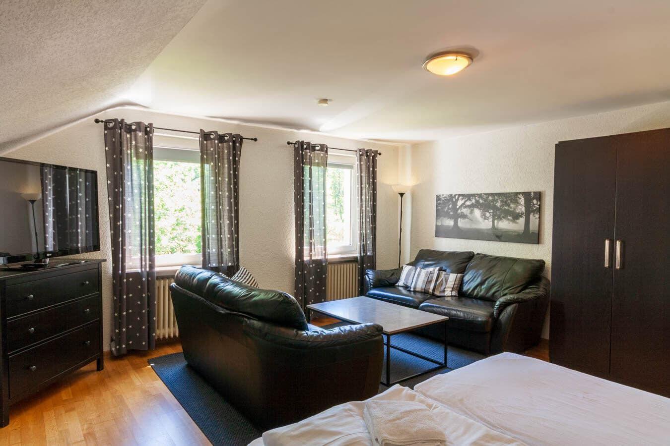 Wohnraum mit Sofa, Bett und TV. Fenster mit Vorhängen und Wandbild.