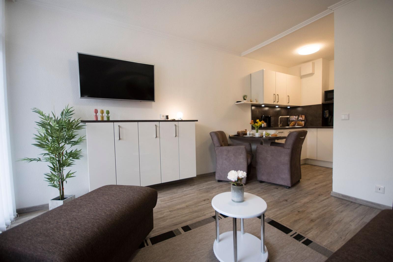Wohnbereich mit TV, Küchenbereich und Sitzgelegenheiten.