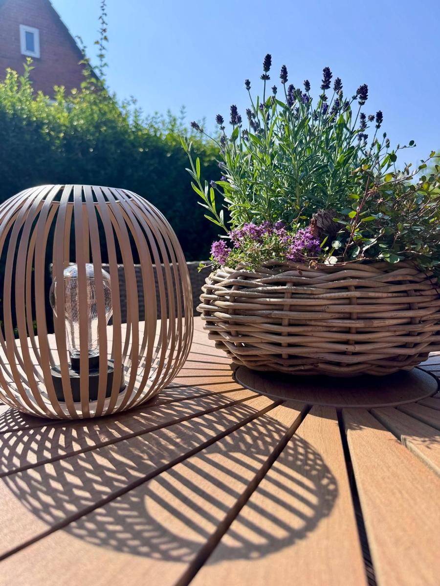 Holztisch mit Korbblumen und Laterne im Garten