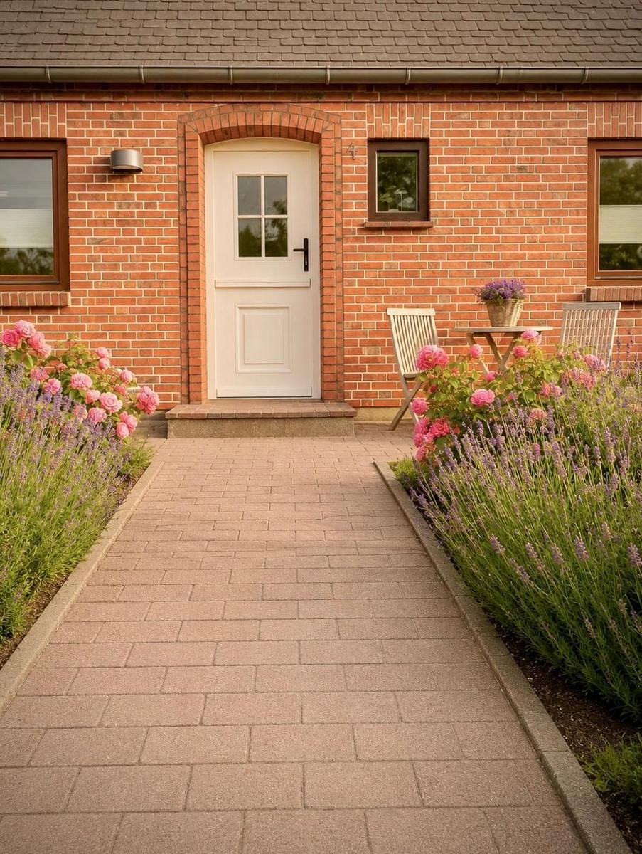 Roter Backsteinbau mit weißer Haustür und gepflastertem Weg durch Blumenbeete.