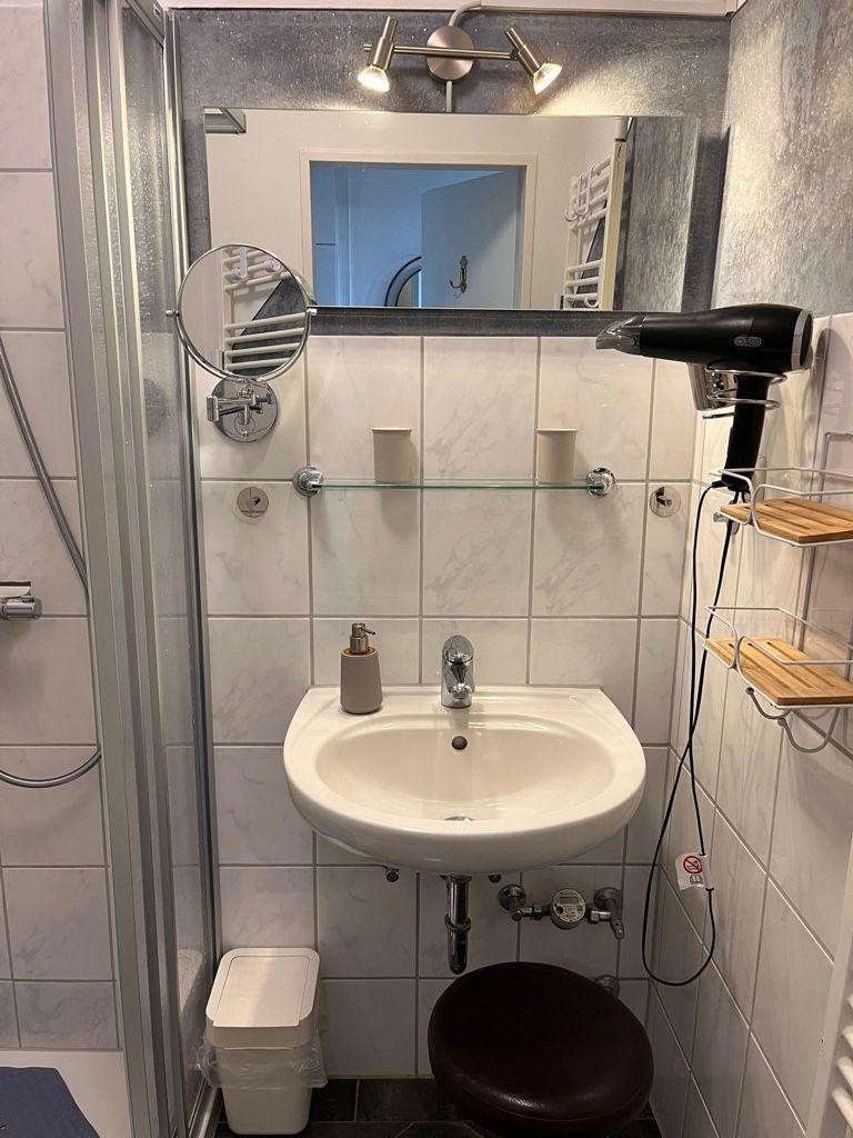 Das moderne und frisch renovierte Bad, mit Handtuchheizung, Fön, Makeup Spiegel.