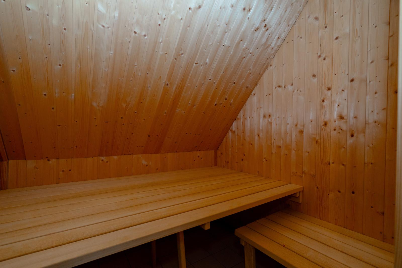 Sauna mit Holzwand und Holzbänken. Dachneigung sichtbar.