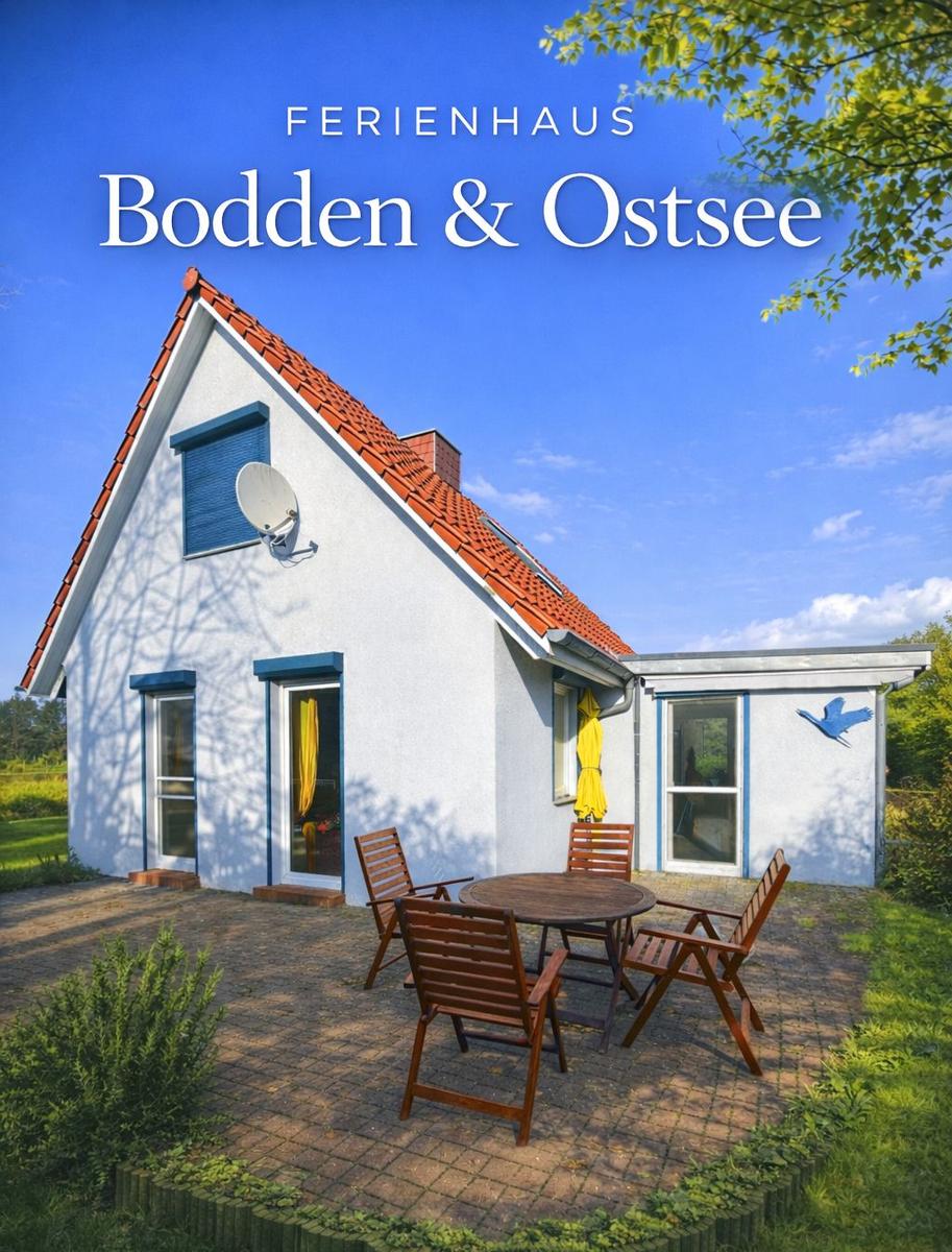 Ferienhaus mit Terrasse, Tisch und Stühlen. Roter Dachfirst, weiße Fassade und grüne Umgebung.