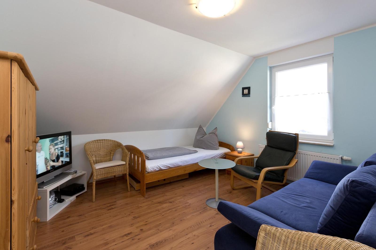 Zimmer mit Schlafcouch, Fernseher und Fenster. Holzfußboden und schräges Dach.