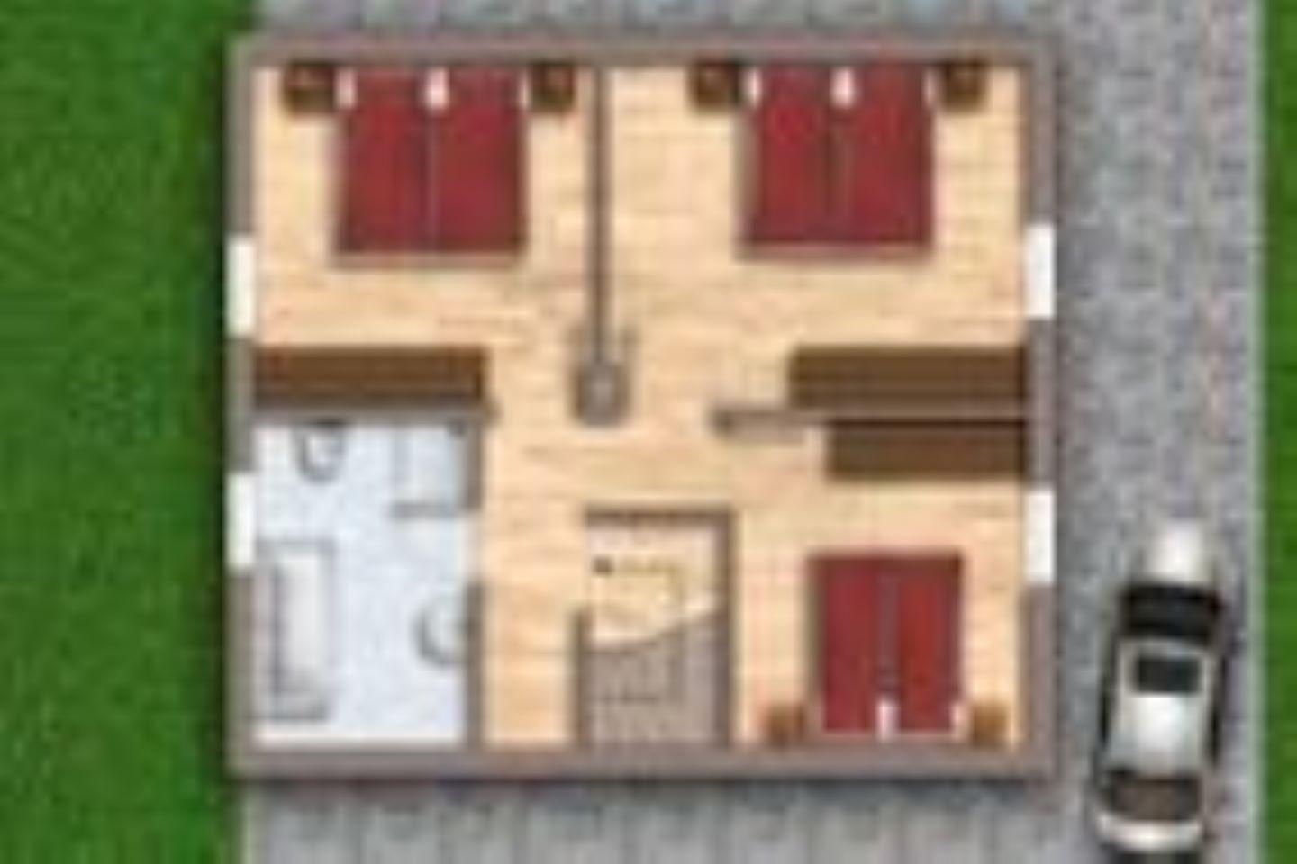 Hausgrundriss mit zwei Schlafzimmern, Küche, Bad und Garage.