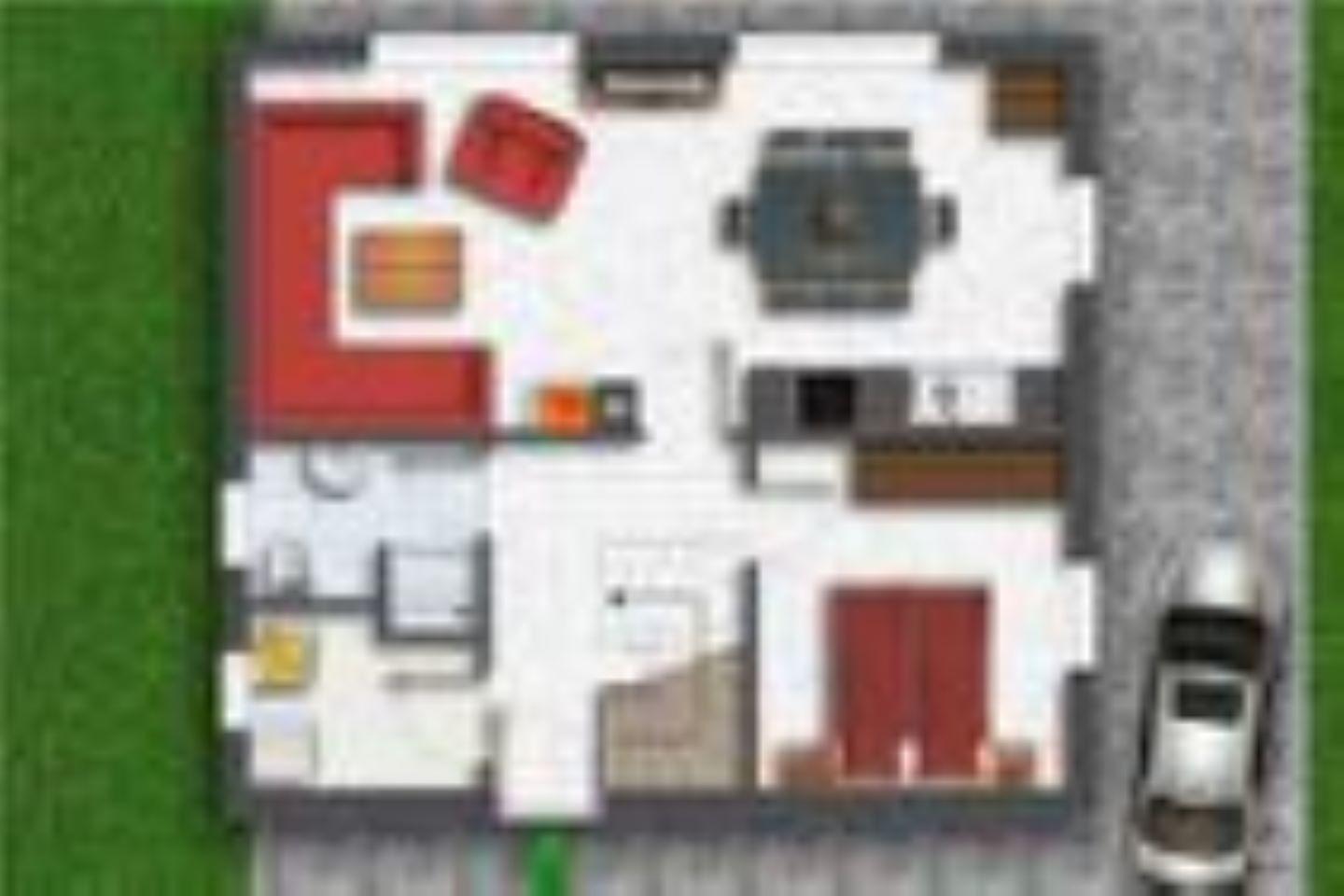 Übersicht über die Wohnung mit Küche, Essbereich und Schlafzimmer.