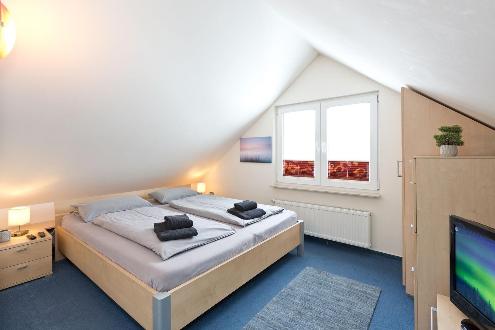 Schlafzimmer mit Doppelbett, Fenster und Schrank. Blauer Teppich und TV.