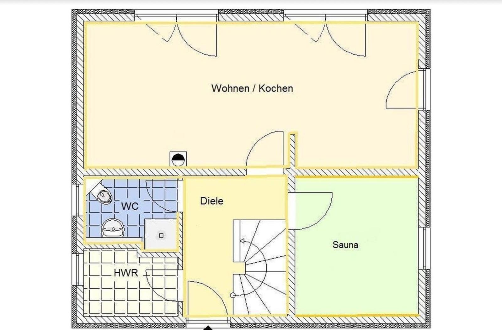 Wohnen und Kochen, Sauna, WC und Diele mit Treppe.