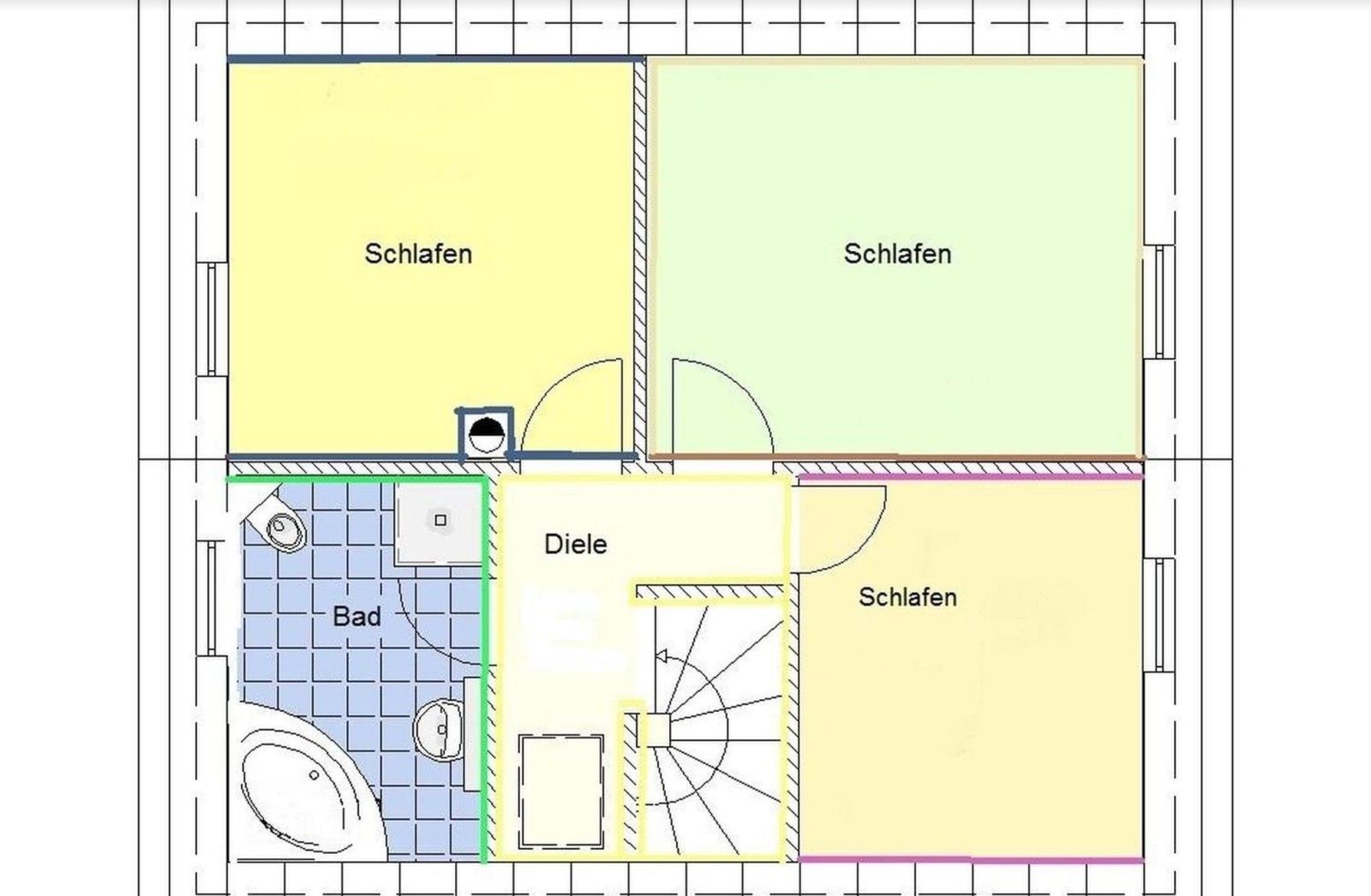 Funktionaler Grundriss mit drei Schlafzimmern, Bad und Diele.