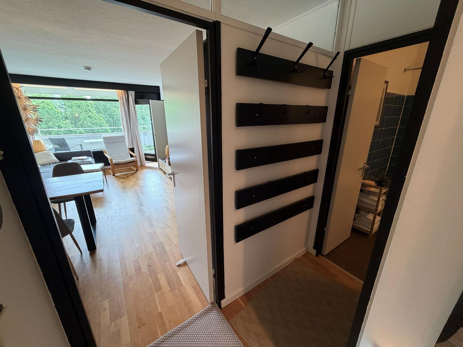 Eingangsbereich mit Garderobe, Blick in Wohnbereich und Bad.