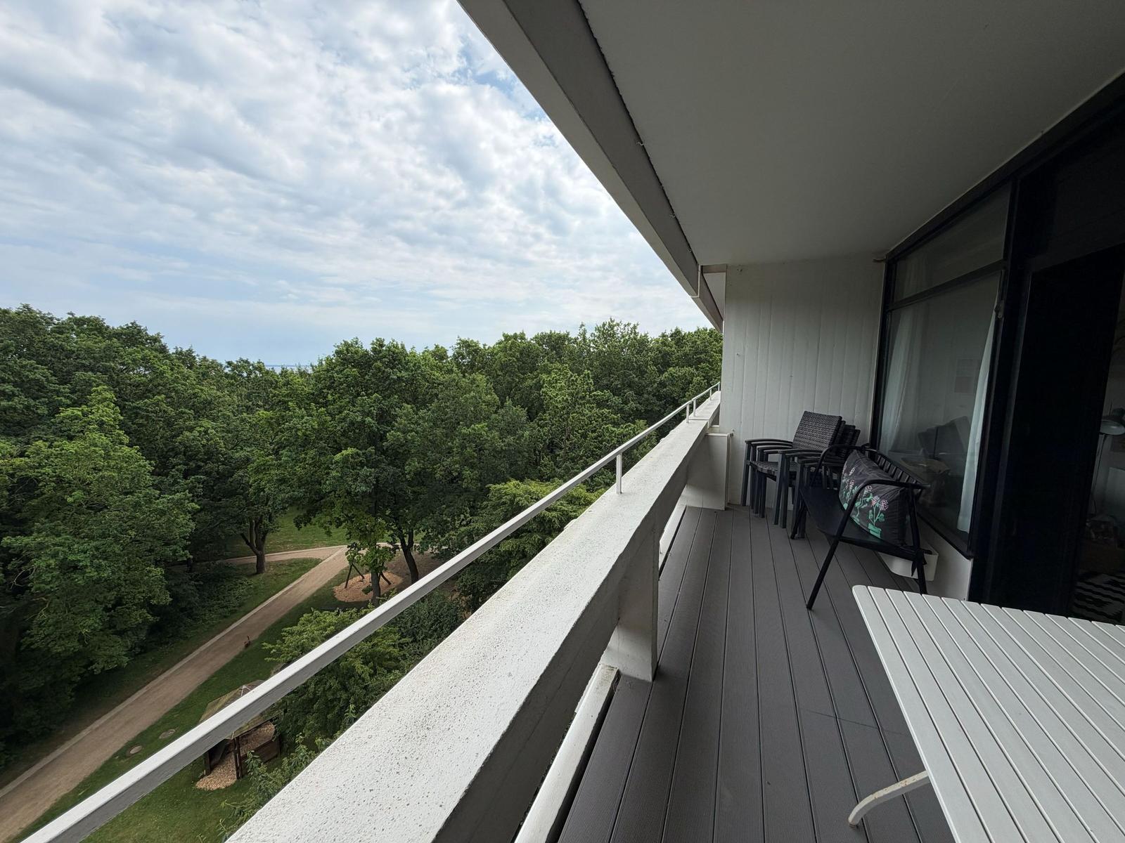 Terrasse mit Blick auf einen Wald und einen Weg