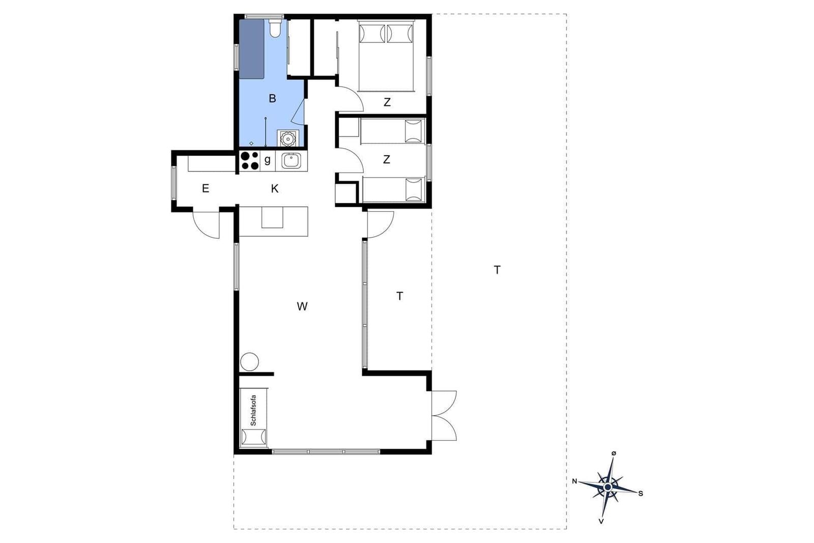 Wohnung mit zwei Schlafzimmern, Küche und Bad. Separate Toilette und Waschbecken.
