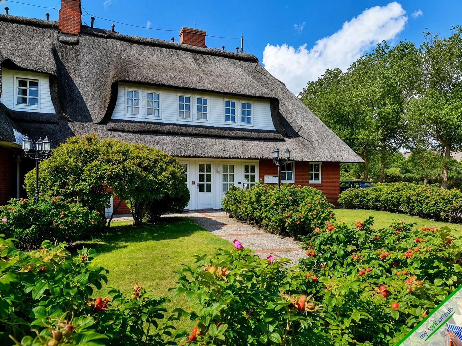Haus mit Strohdach, weißer Fassade und grüner Garten mit Rosenhecken.