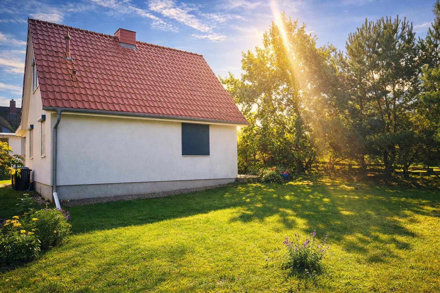 Ein Haus mit rotem Dach und weißer Fassade im sonnigen Garten.