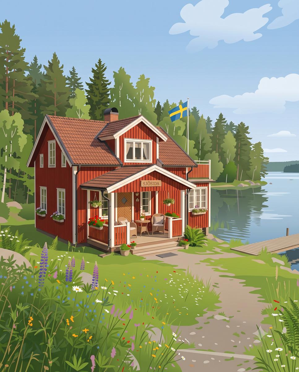 Rotes Holzhaus am See mit Terrasse und schwedischer Flagge.