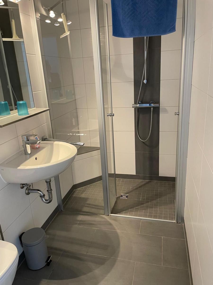 Badezimmer mit Dusche, Waschbecken und Toilette.
