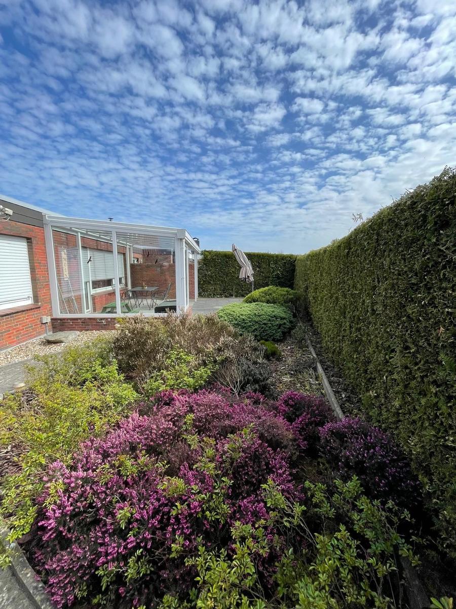 Hinterhof mit Hecke, Blumenbeete und überdachtem Bereich.