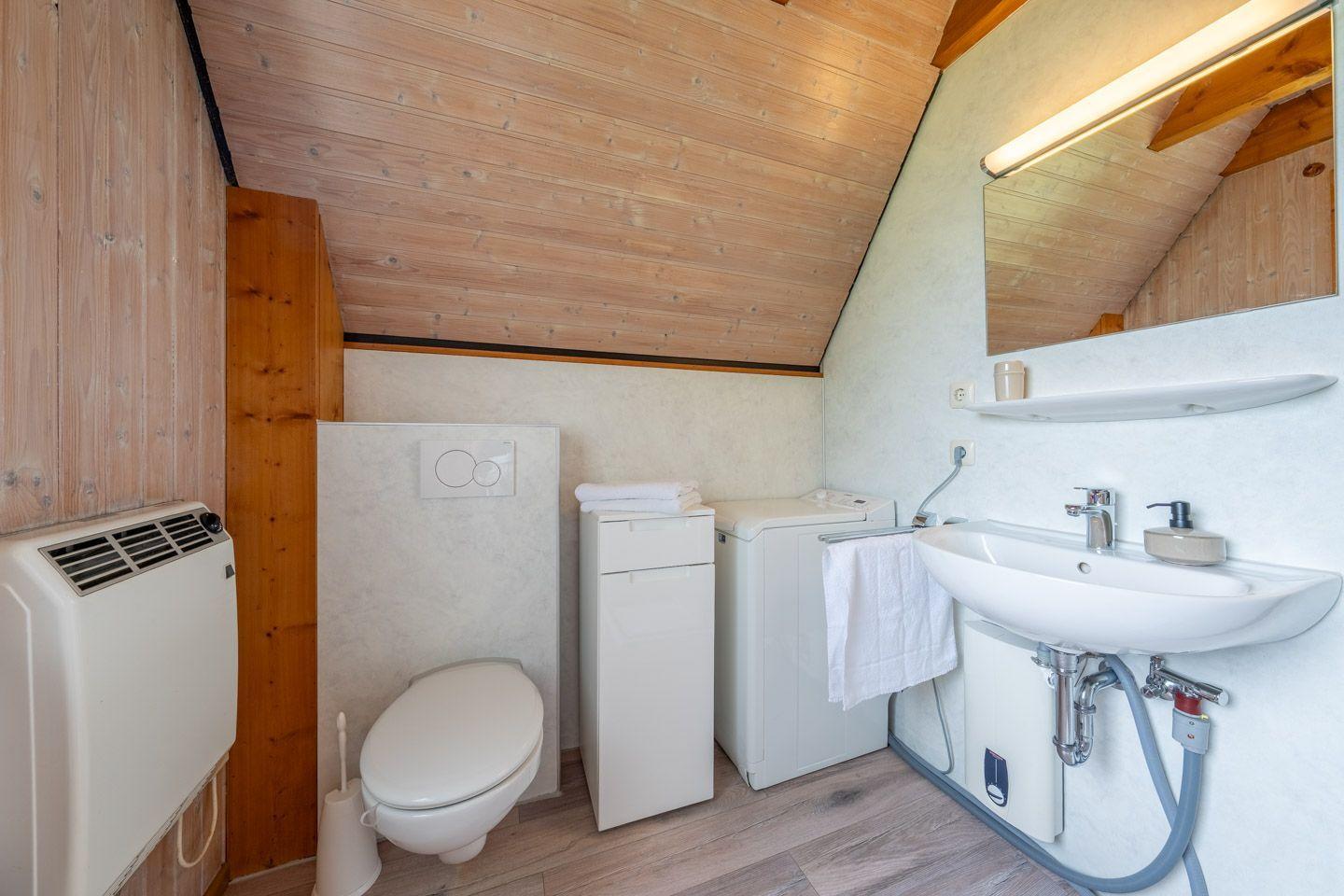 Badezimmer mit Toilette, Waschmaschine und Waschbecken unter Holzdecke.