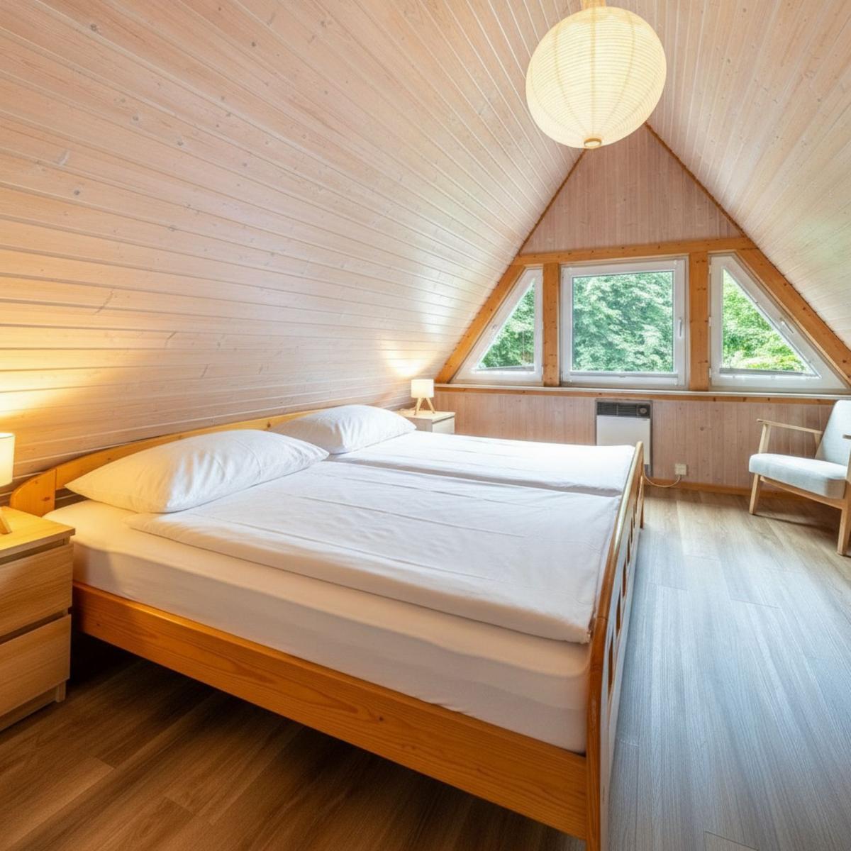 Schlafzimmer mit Doppelbett, Holzwand und Dreifachfenster mit Blick auf Grün.