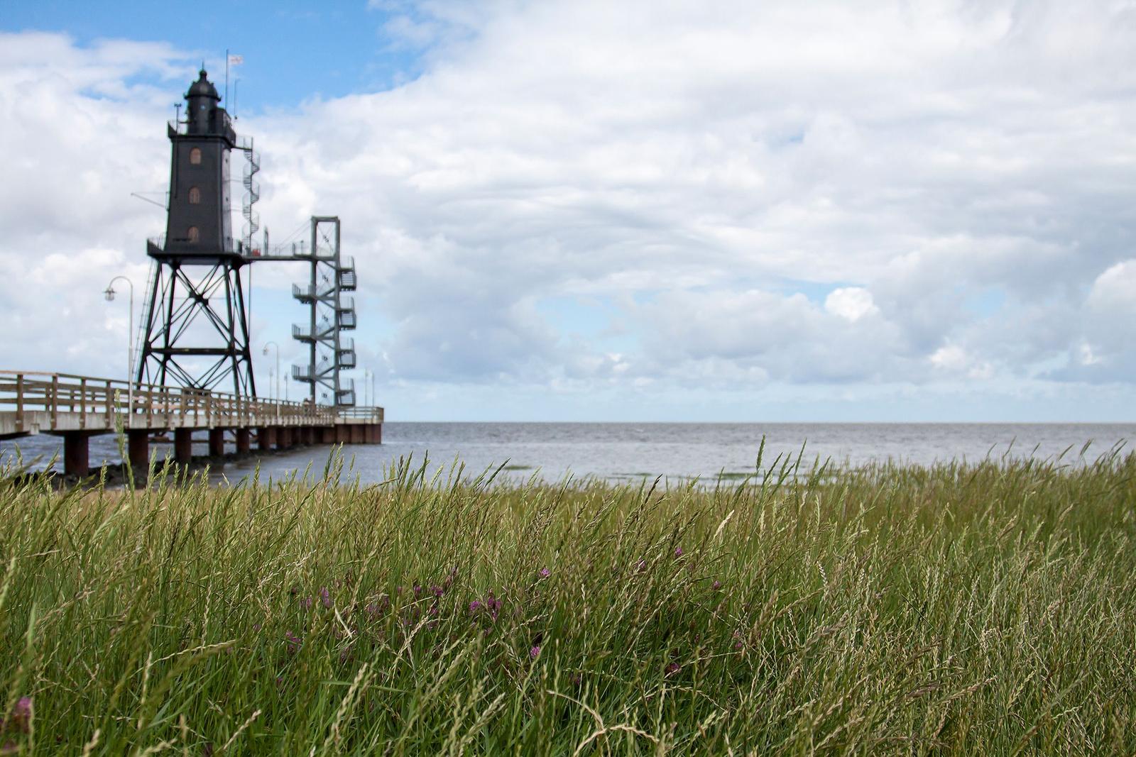 Hafenbecken mit Leuchtturm und Grasfläche im Vordergrund.