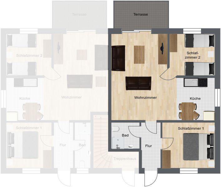 Wohnung mit drei Schlafzimmern, Küche, Wohnzimmer und Terrasse. Bad und Flur sind ebenfalls vorhanden.