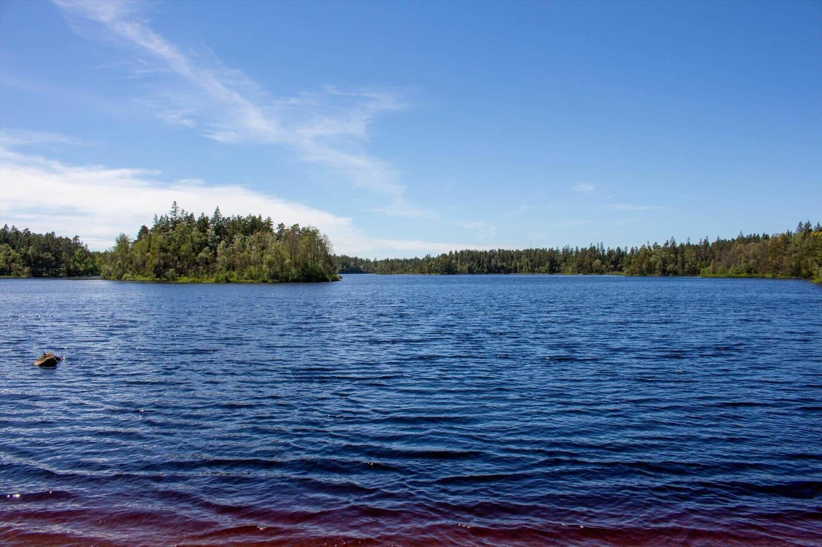 Ein ruhiger See mit einem kleinen Insel im Zentrum und Wald am Ufer unter blauem Himmel.
