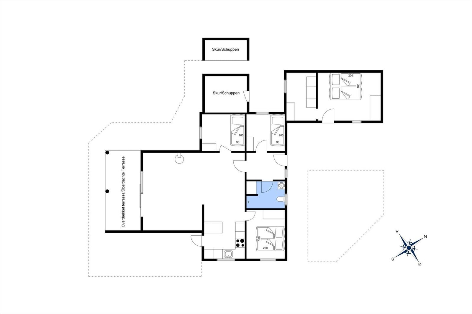 Plan zeigt Wohnfläche mit Schlafzimmer, Küche und überdachter Terrasse.
