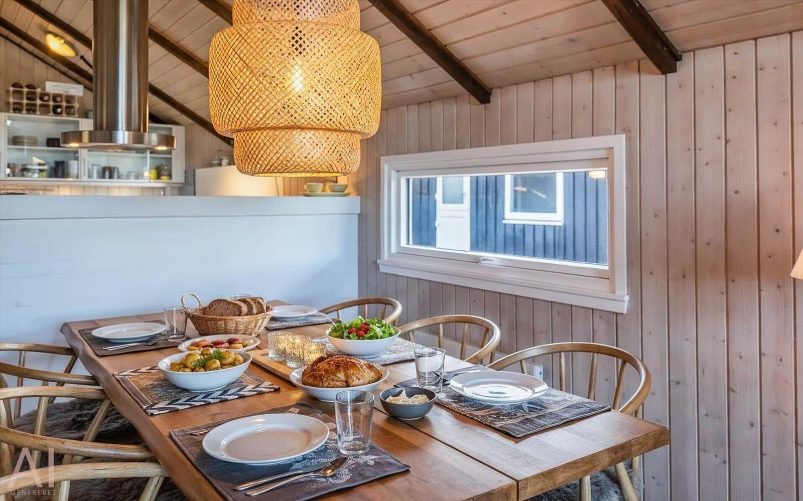 Essbereich mit Holztisch, Stühlen und Fenster. Auf dem Tisch stehen Teller, Gläser und Speisen.