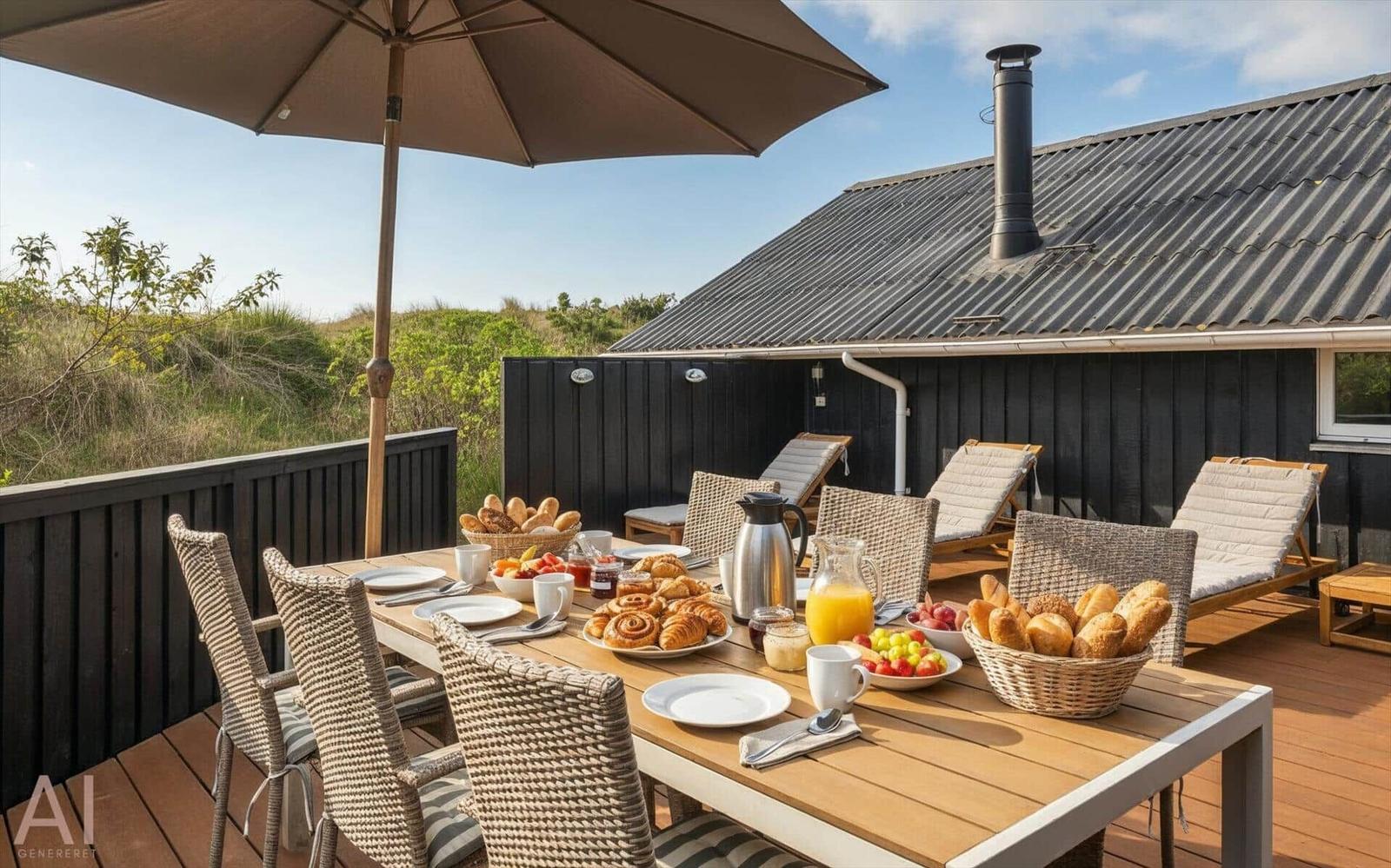 Terrasse mit Esstisch, Sonnenschirm und Liegestühlen. Frühstückstablett mit Brot, Obst und Getränken.
