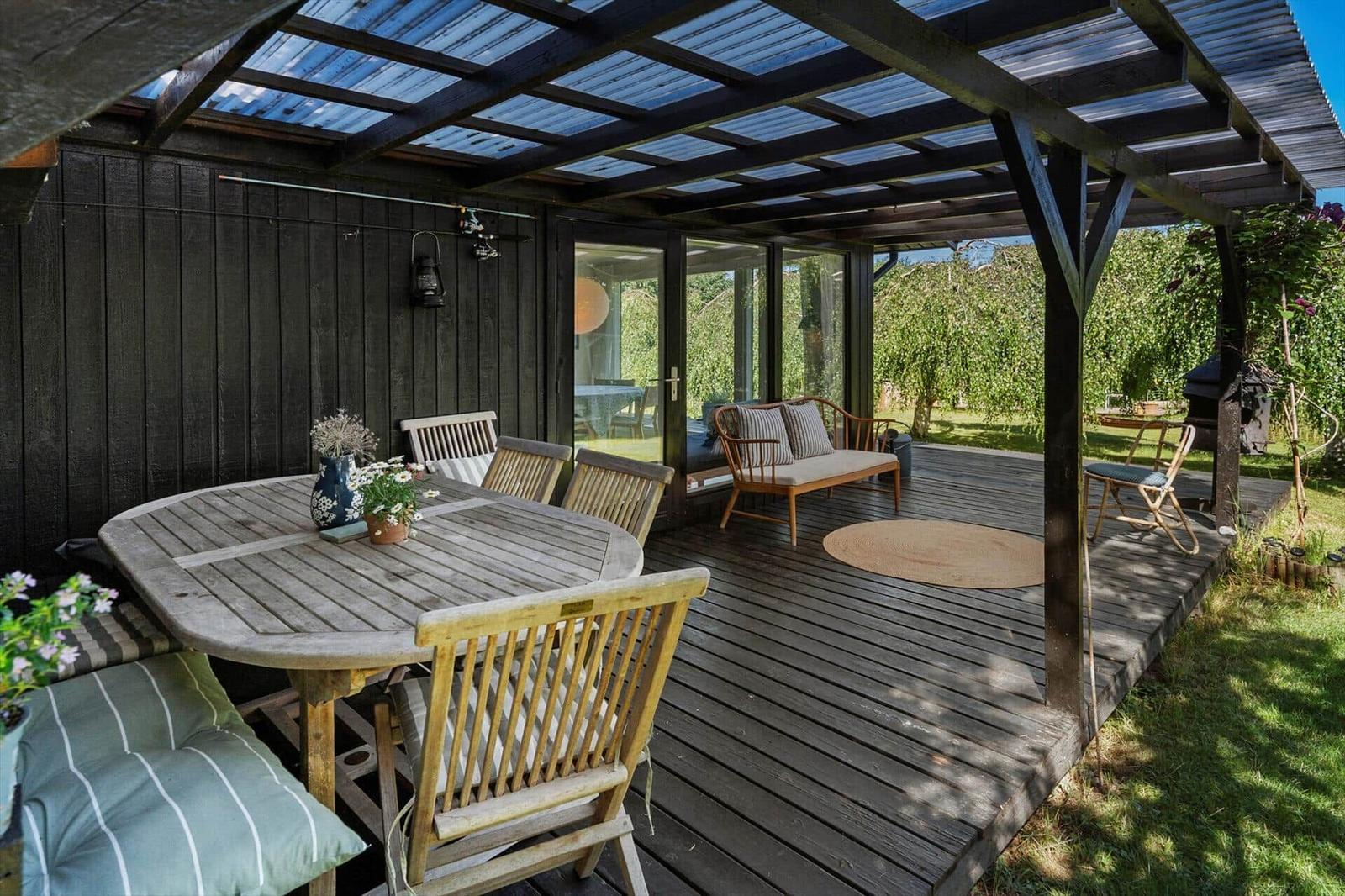 Terrasse mit Holztisch, Stühlen und Sitzbank unter Dach. Grün hinter Glas.