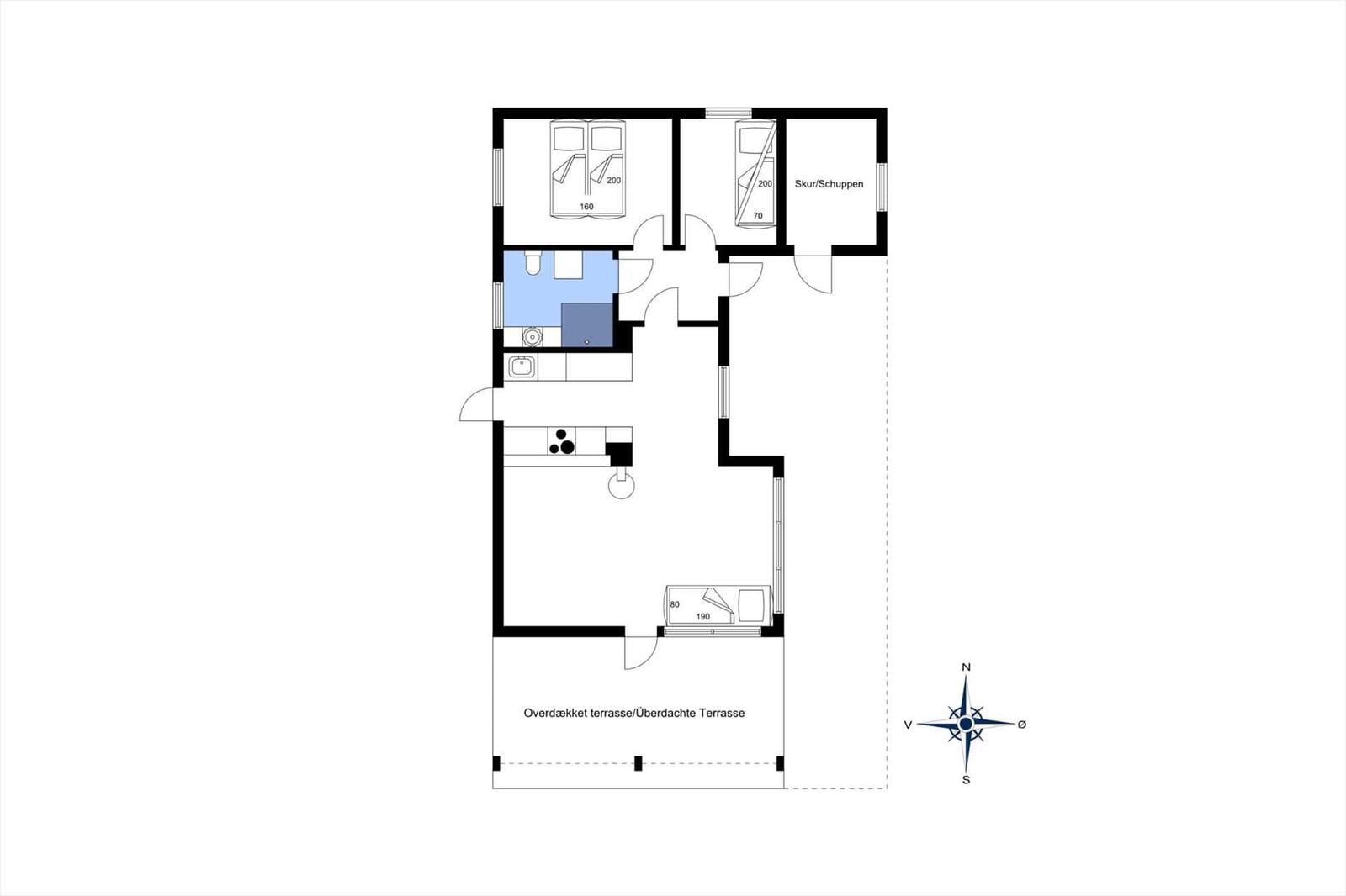 Zwei Schlafzimmer, Küche, Bad und überdachte Terrasse mit Kompass.