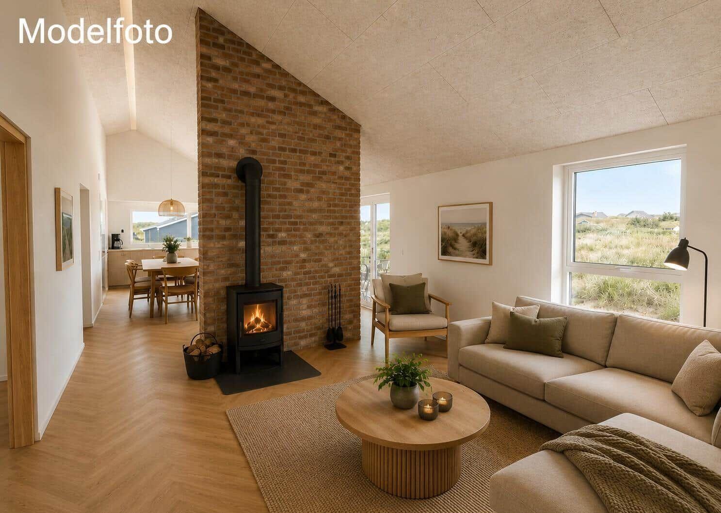 Wohnzimmer mit Kamin, Sofa und Rundtisch. Durchgang zur Küche. Blick auf Grasland.