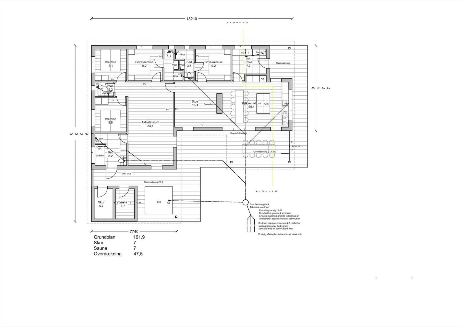 Grundriss einer Ferienwohnung mit 3 Schlafzimmern, Küche und Sauna.