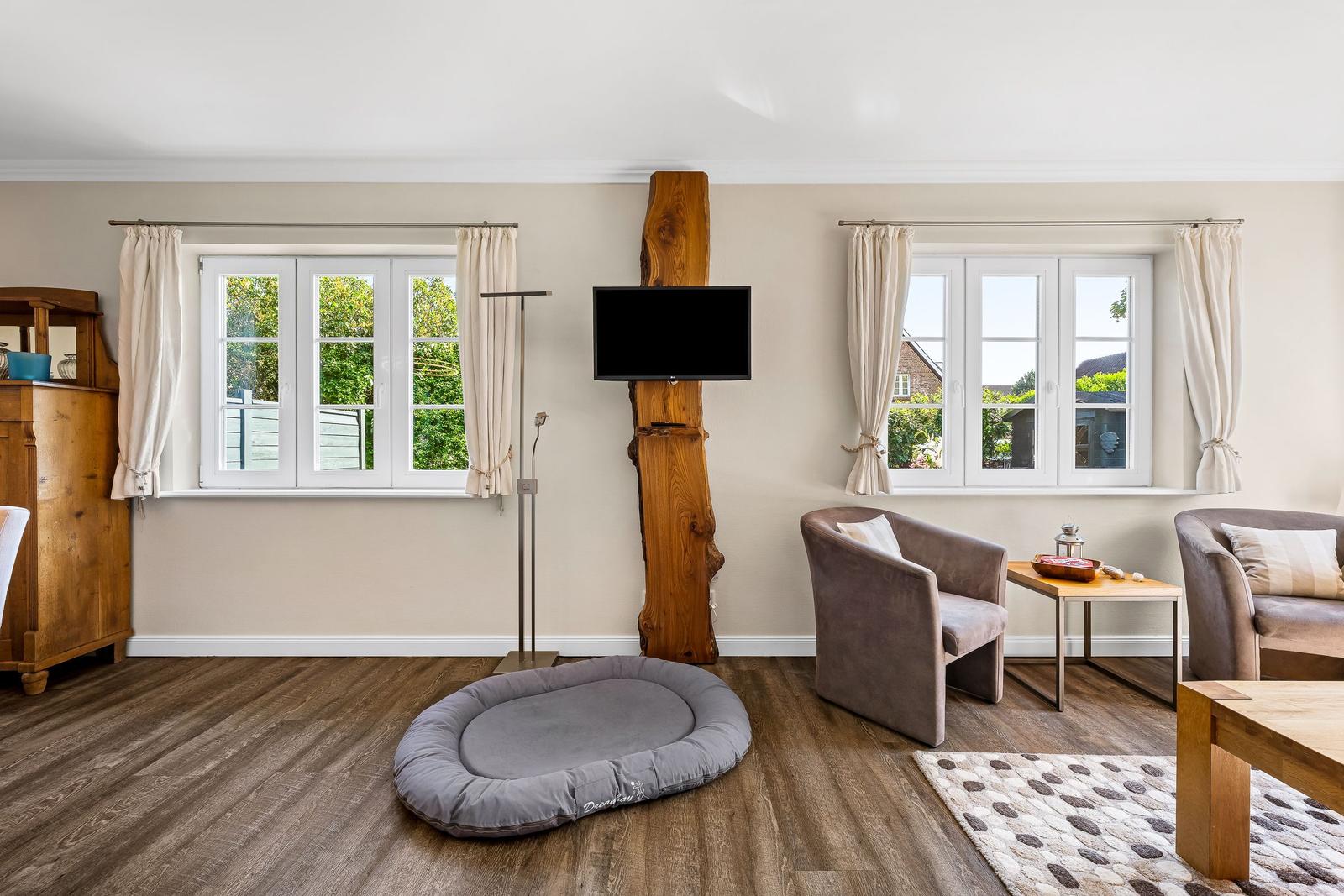 Living room with wooden floor, two windows, TV on log, and gray dog bed.
