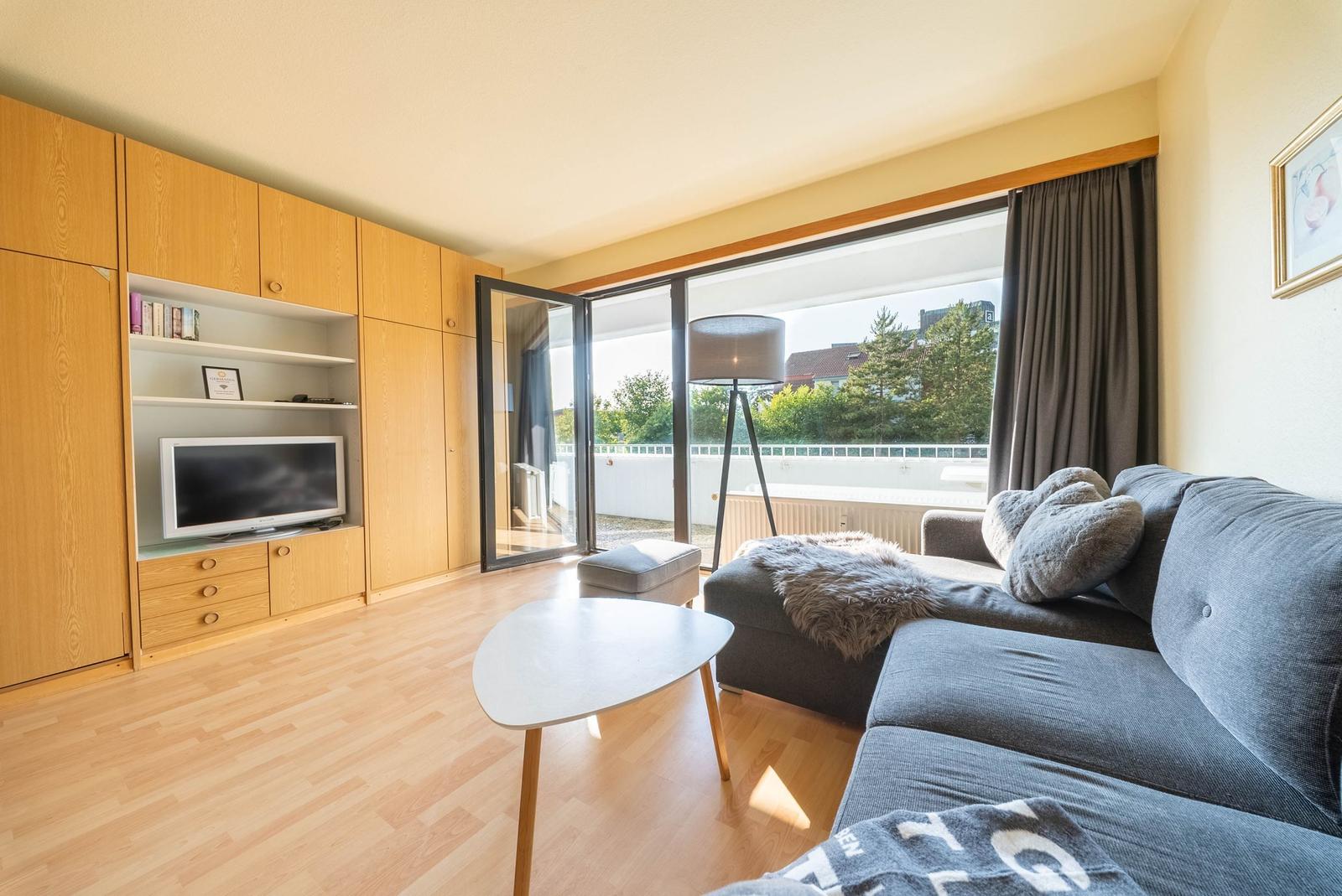 Wohnzimmer mit Sofa, TV und Balkon. Holzmöbel und helle Farben.